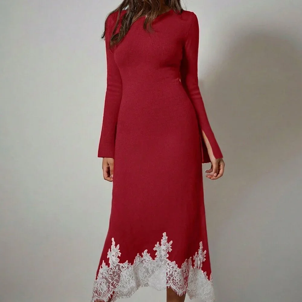 Burgundy Elegant Women's Asymmetrical Flare Sleeve lace detailed Sweater Dress